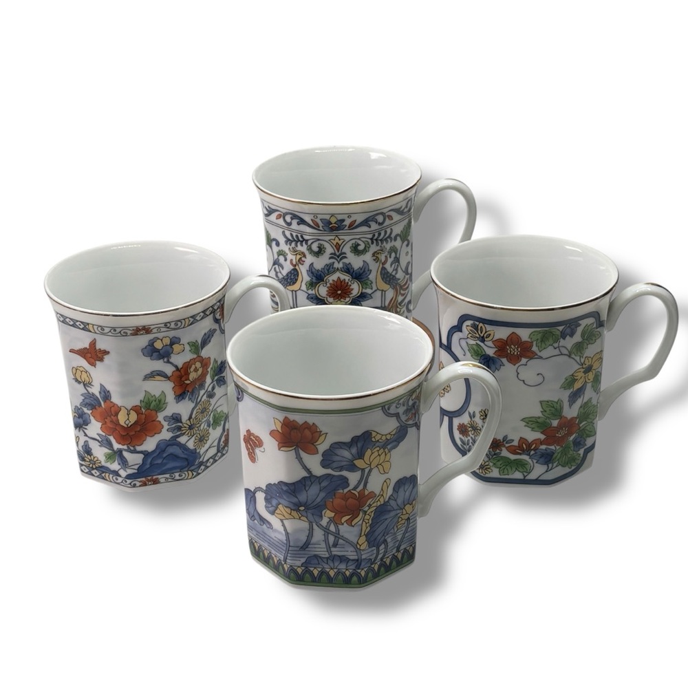 Japanese Vintage Set of 4 Octagon Shaped Gold Trim Coffee Tea Cups Floral 3.5"